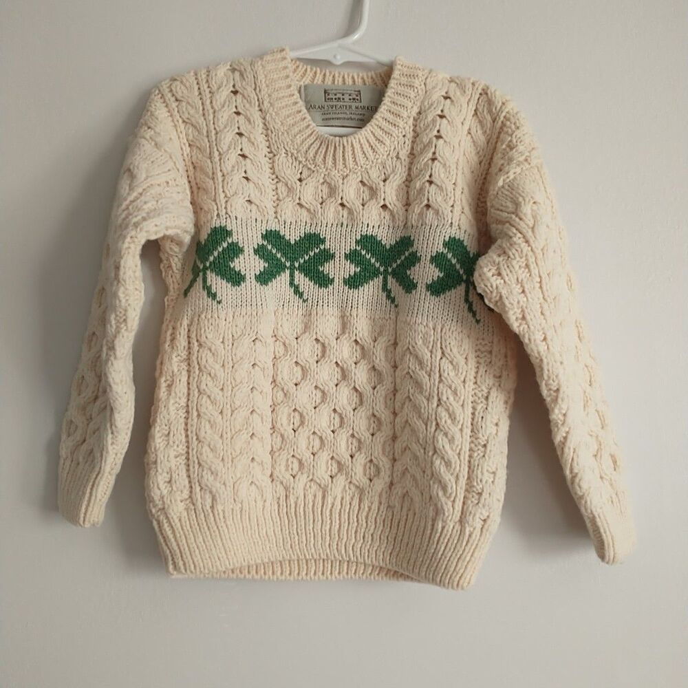 Aran Sweater Market Kids S Cream Merino Wool Cable Knit Fisherman Leaf Ireland